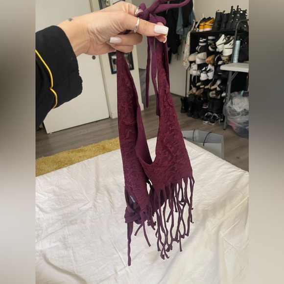 Burgundy Fringe Halter Crop Top - Picture 2 of 3